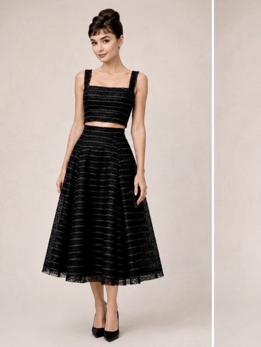 Rare Vintage 50s Italian Two Piece Evening Set Black Lace Full Skirt Italy